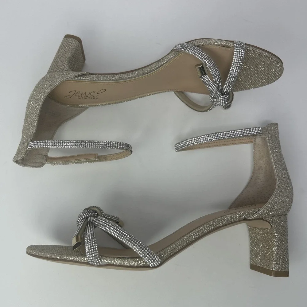 Jewel Badgley Mischka Lena Knotted Mid Heel Sandal Gold‎ Glitter Size 9 NEW